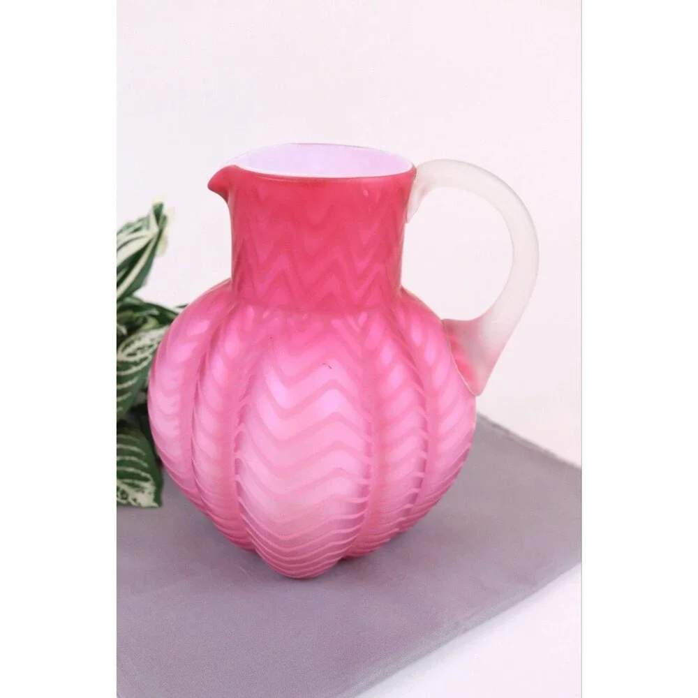 Mt Washington Pink Mother of Pearl Satin Glass Herringbone Pitcher 7.5 READ